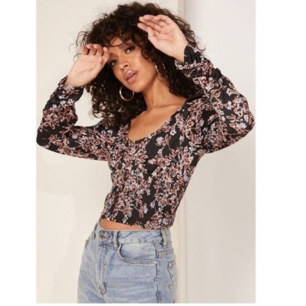 NWT Free People Black Floral Smocked Long Sleeve Santiago Top